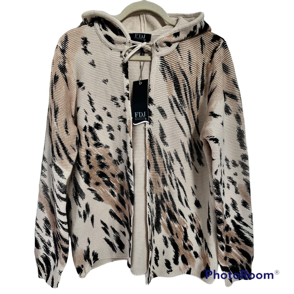 FDJ Animal Print Hooded Open Cardigan NEW Sweater L
